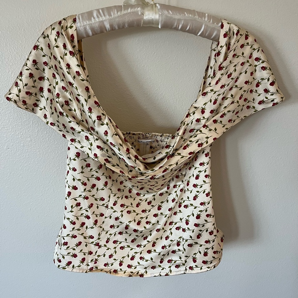 Reformation Madison Top - Silk Cream w/Floral Print Off Shoulder - Picture 3 of 16